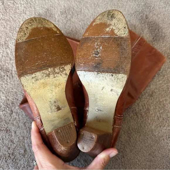1970s Vintage Cognac Leather Tall Boots Stacked Heel Zip Size 7B - Picture 9 of 11